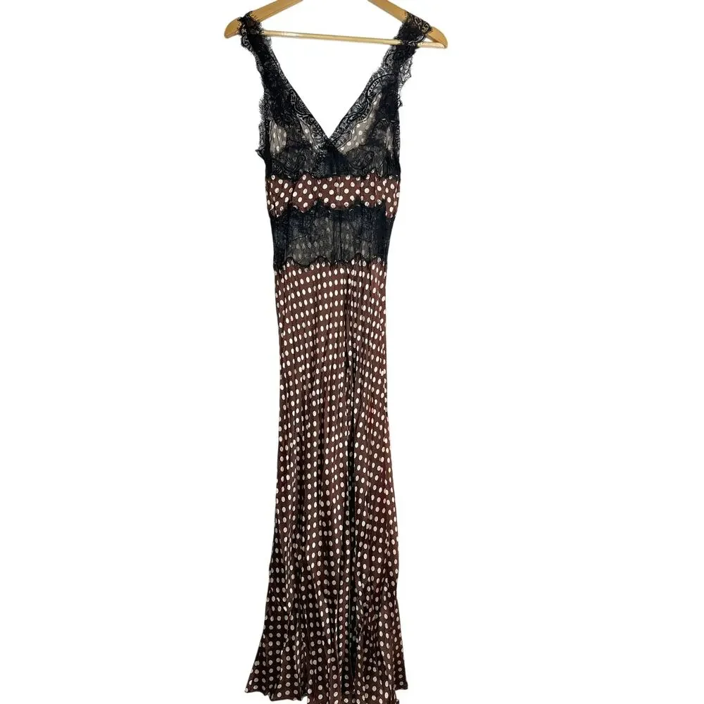 Ronny Kobo Holiday Dress Sleeveless V-Neck Lace Trim Midi Brown Polka Dot Medium - Picture 4 of 9